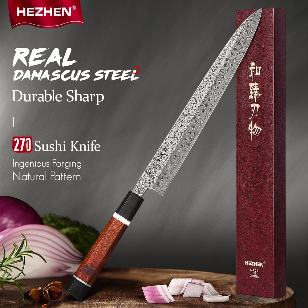 Cuchillo de Sashimi HEZHEN de 270mm japonés de 110 capas Damasco súper acero afilado Sushi filetear rebanada cocina cuchillos de cocina