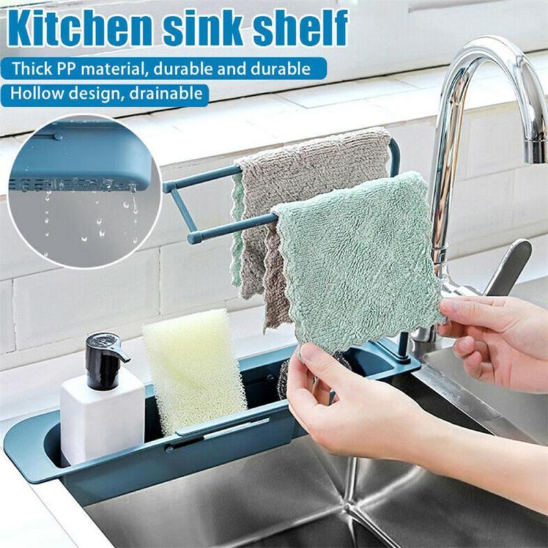 Estante telescópico para fregadero, soporte para fregadero, organizador, cesta de almacenamiento, accesorios para utensilios de cocina