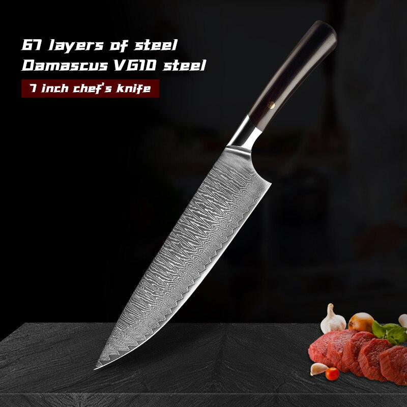 Cuchillo de chef profesional de acero damasco de 7 pulgadas, cuchilla de núcleo japonesa VG10, navaja afilada para cocina, mango de ébano, cuchillo de carnicero