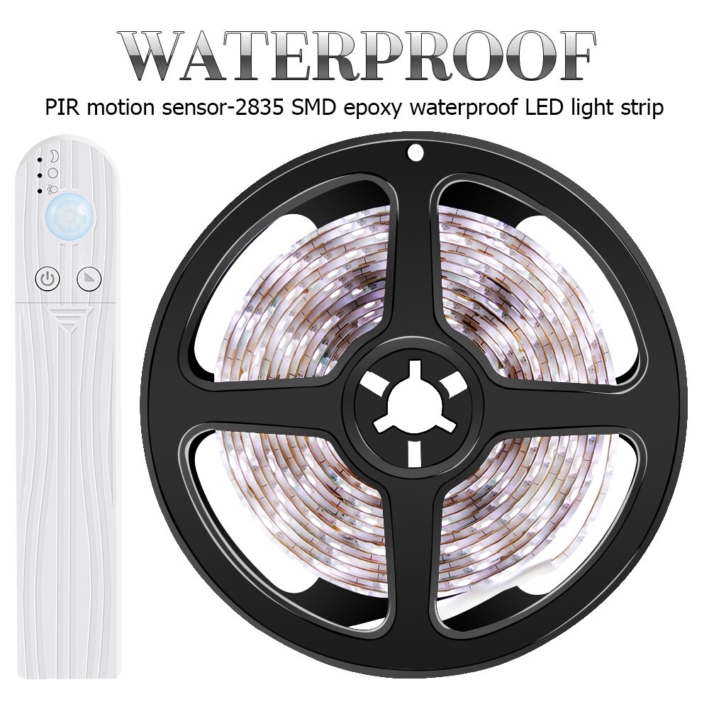 Tira de luces LED con Sensor de movimiento PIR luz LED para gabinete de cocina, lámpara de armario con batería a prueba de agua, cinta de luces LED, iluminación de decoración