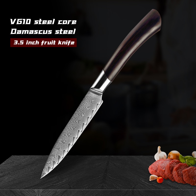Cuchillo de fruta de acero damasco VG10 de 3,5 pulgadas, cuchillo de cocina vegetal profesional, herramienta de pelado con mango de ébano