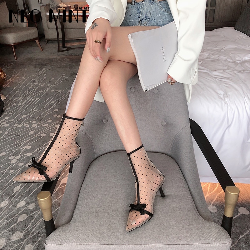 Nueva primavera Coreano-estilo Sexy señaló malla de lunares transpirable hueco arco tacón botines de mujer