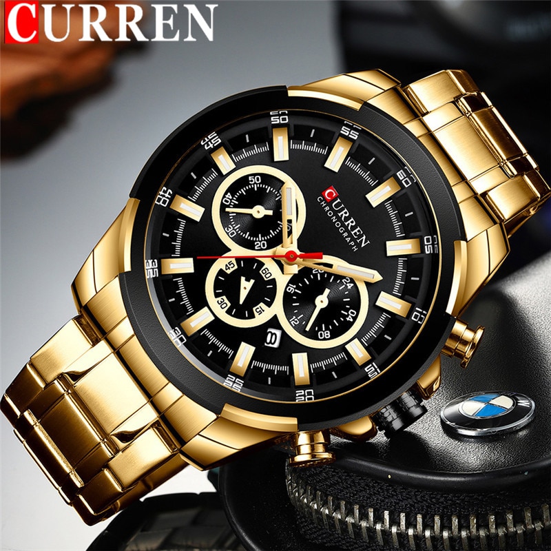 CURREN-Reloj de pulsera para hombre, resistente al agua, cronógrafo, militar, de lujo, dorado, deportivo, de acero inoxidable, 8361