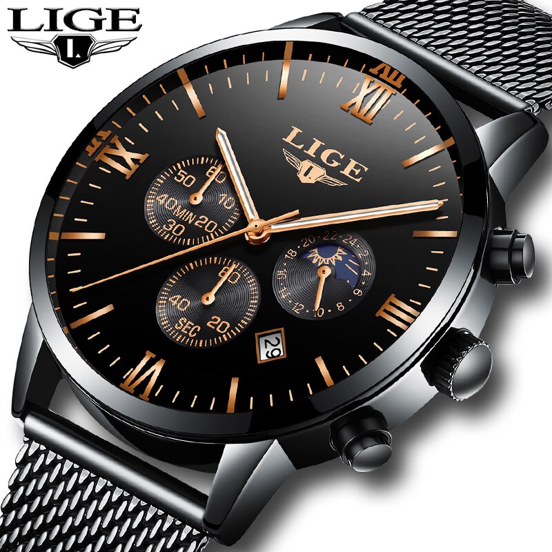 LIGE-relojes para hombre, cronógrafo deportivo, militar, resistente al agua, de cuarzo, Masculino