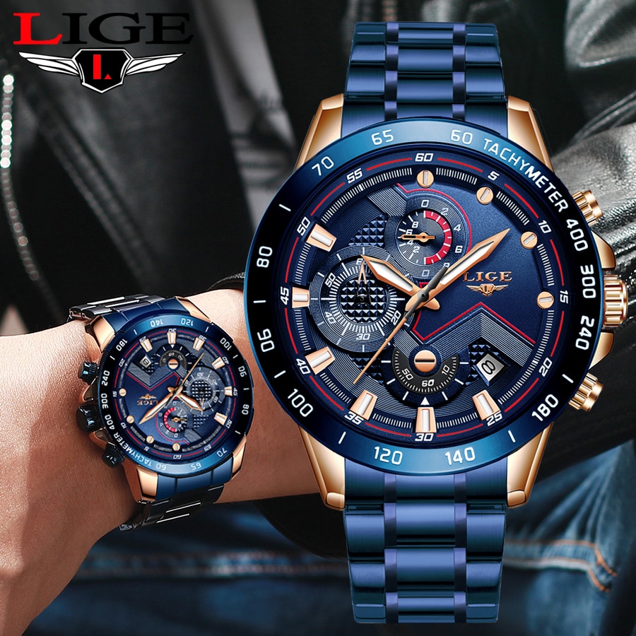 LIGE-Reloj de lujo para hombres, reloj de pulsera de acero inoxidable azul, cronógrafo militar, de cuarzo, Masculino