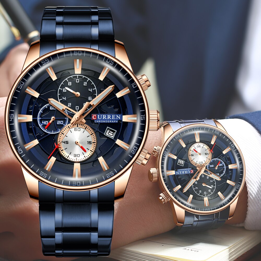 CURREN-Relojes de pulsera deportivos para hombre, con cronógrafo, manecillas luminosas, reloj de pulsera de hombre, banda de acero inoxidable azul