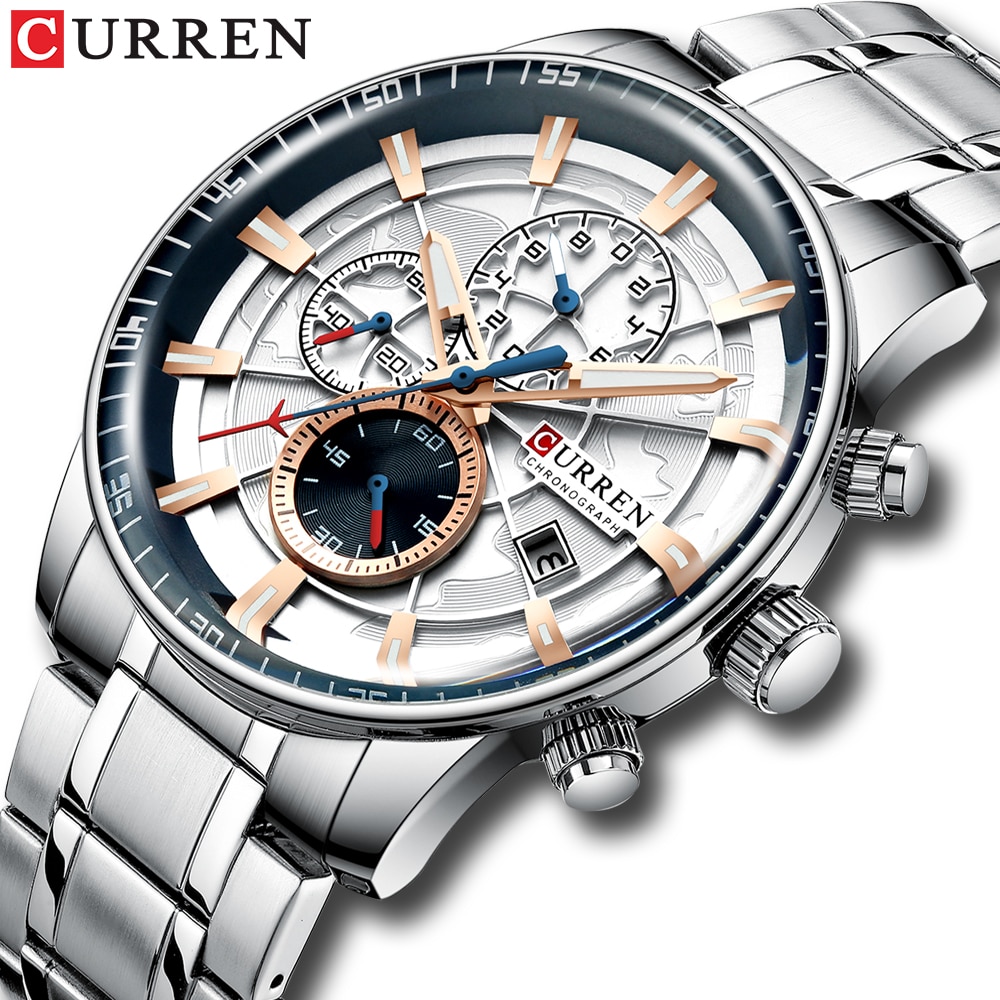 CURREN-relojes de acero inoxidable para hombre, cronógrafo multifunción, de cuarzo, Masculino
