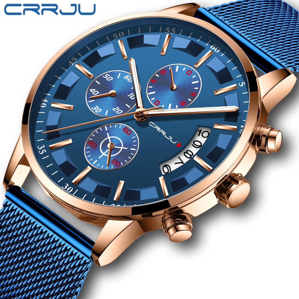 Crrju-relojes de negocios para hombre, de cuarzo, resistente al agua, informal, deportivo, azul, Masculino