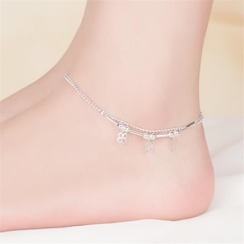 KOFSAC-tobilleras de doble cadena de Plata de Ley 925 para mujer, pulseras de tobillo de hierba de la suerte para mujer, joyería para pies de fiesta, los mejores regalos para chica