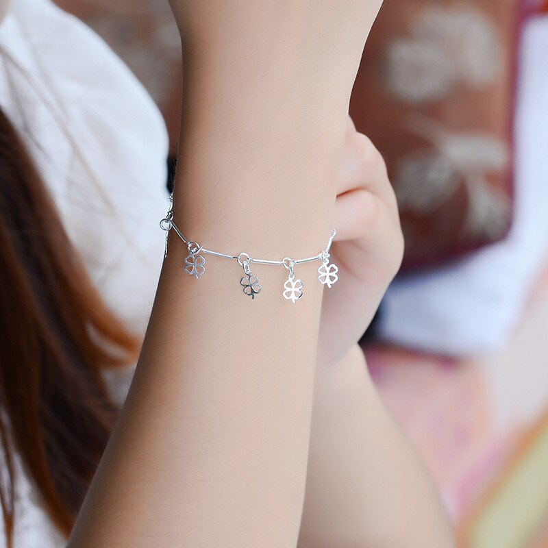 TJP-tobilleras de trébol de cadena de bambú para niña, joyería pulseras de mujer, dijes de plata 925 para niña, fiesta de boda, regalo de Navidad