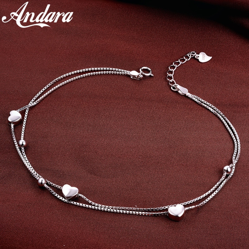 Tobillera de 100% Plata de Ley 925 de plata sólida para mujer, tobilleras de amor doble, joyería de lujo