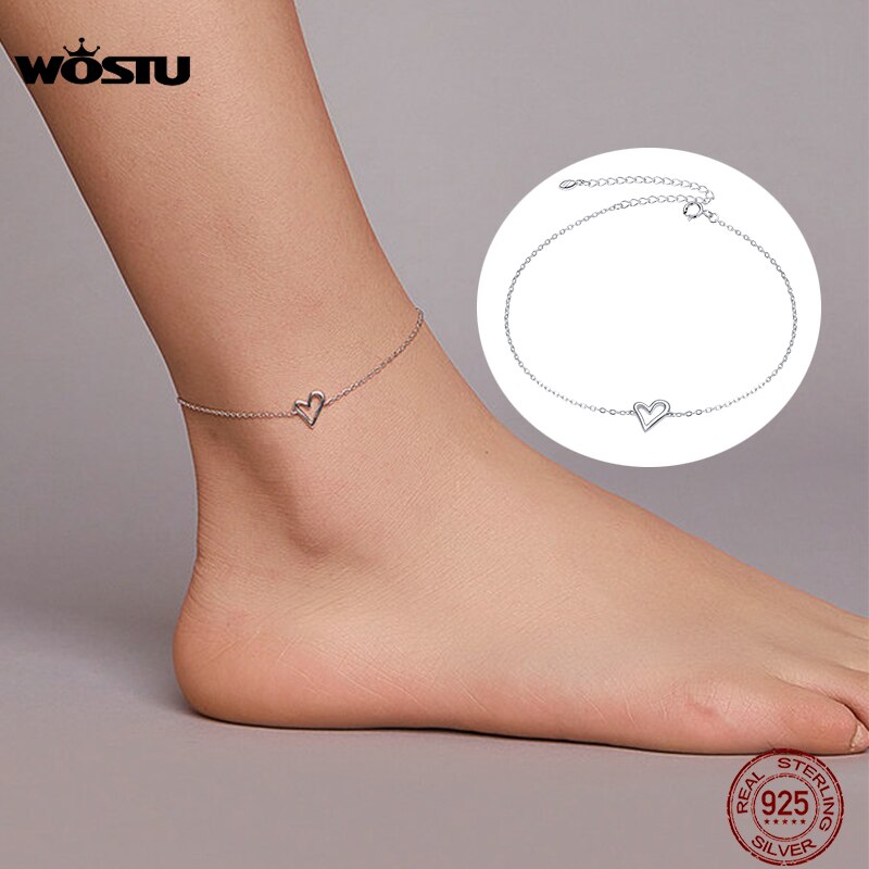 WOSTU-tobillera romántica para mujer, de Plata de Ley 925 auténtica, corazón de amor de plata para mujer, regalo de joyería CQT017