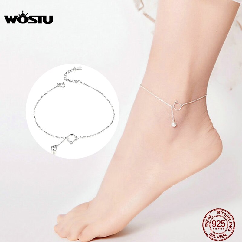 WOSTU-tobillera de Plata de Ley 925 con cuentas de gato para mujer, joyería para pie, de sandalia tobillera para pies descalzos, cadena para tobillo, regalos CQT003