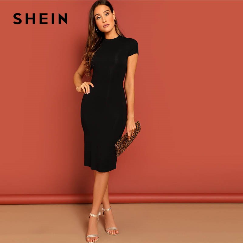 SHEIN vestido ajustado elastico de cintura Natural vestido de mujer con soporte negro y cuello de pico vestido ajustado elegante de manga corta para verano Ranero Logistic